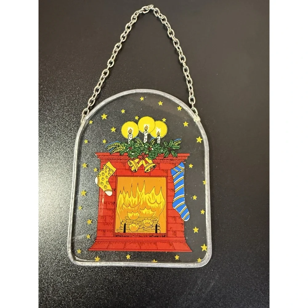 Vintage Holiday Snowman/Fireplace Metal/Glass Hanging Sun Catchers Set Of 2 - Picture 3 of 6